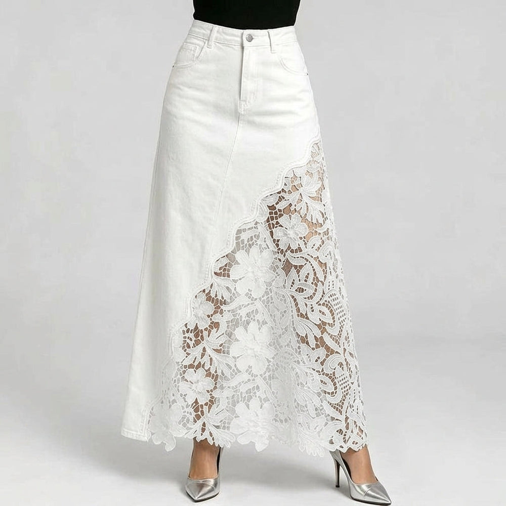 Elysian Lace-Trim Denim Maxi Skirt